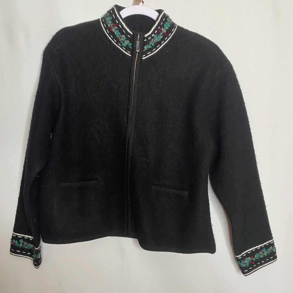 Alps 100% Wool Fulll Zip Black Cardigan Embroidered Holly Trim Detail Womens L